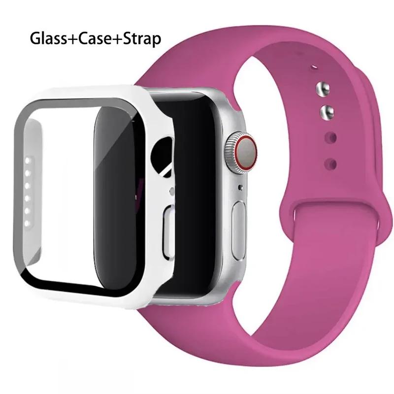 Glass+Case+Strap For Apple Watch band 46mm 45mm 44mm 41mm 40 38mm Silicone watchband bracelet iWatch series 10 9 8 7 6 5 4 3 SE