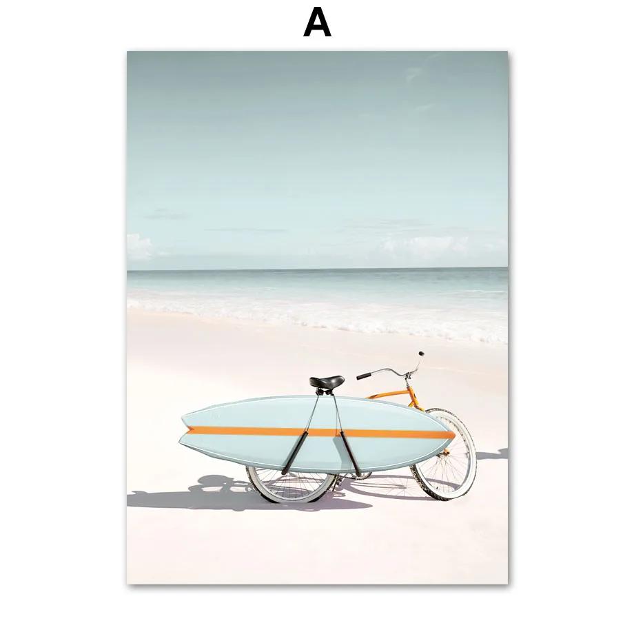Canvas Painting Nordic Landscape Sea Beach Bike Palm Reed Sea Poster Print Wall Art Pictures For Living Room Home Decor