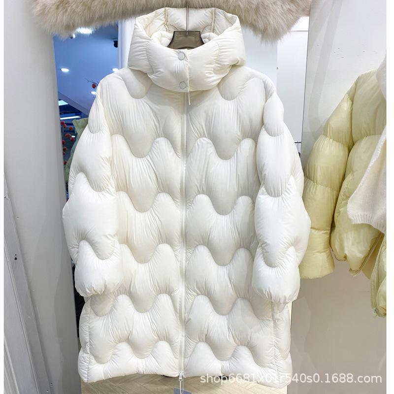 Shopping mall white duck down winter light luxury medium and long women's Pinghu down jacket loose hooded fashion trend