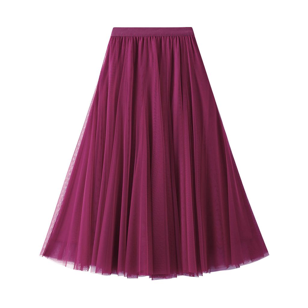 Women's Tulle Skirt Elastic High Waisted A-Line Layered Flowy Long Skirts Pleated Mesh Midi Skirts for Women Casual Beach Ruffle Skirts for Party
