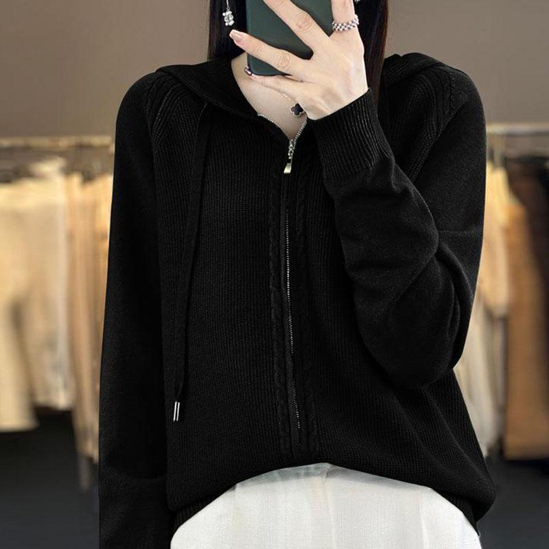 Autumn and Winter Hooded Casual Knitted Cardigan Simple Fashion Style Loose Knitted Sweater