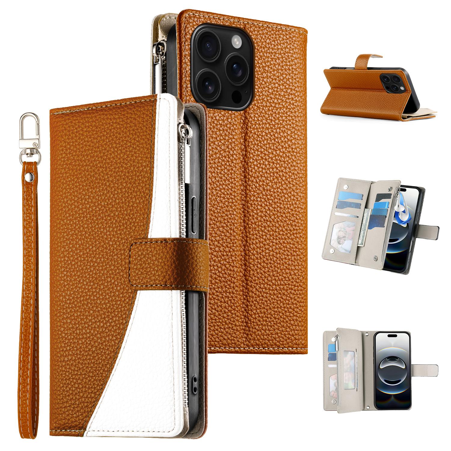 

For iPhone 16 Pro Max Case Zipper Pocket Wallet Color Splicing Leather Flip Phone Cover with Straps C