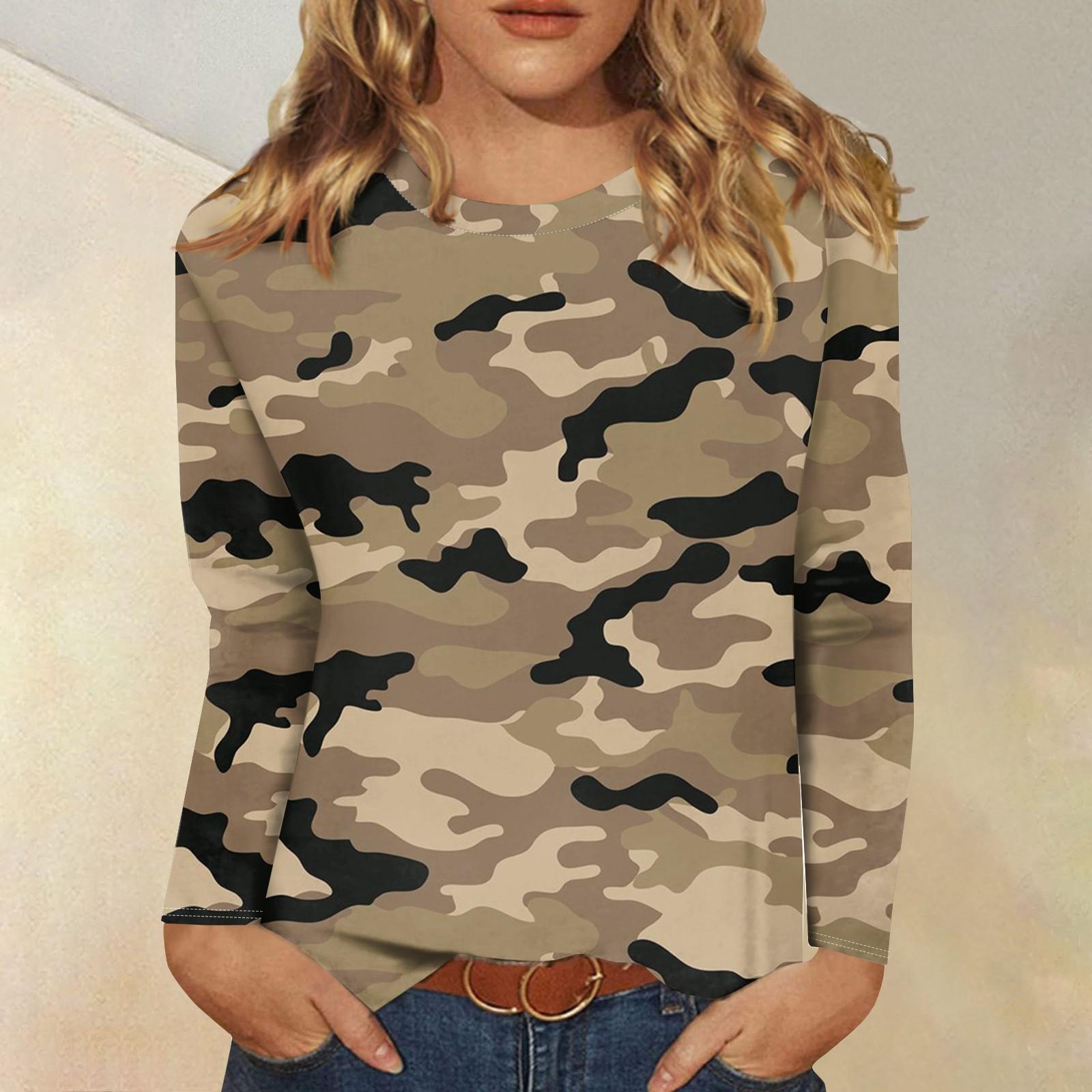 

Женская модная повседневная футболка с длинным рукавом и круглым вырезом с камуфляжным принтом M