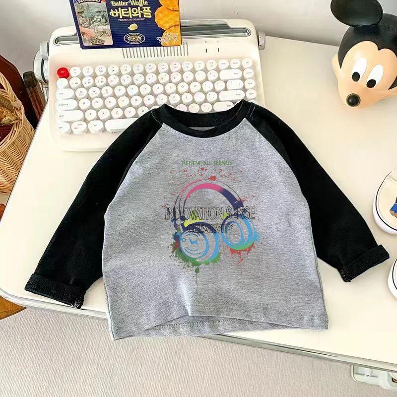 Kids Cotton Long Sleeve T Shirt Spring Autumn Korean Raglan Round Neck Cartoon Top Unisex Base Layer Trendy Tee