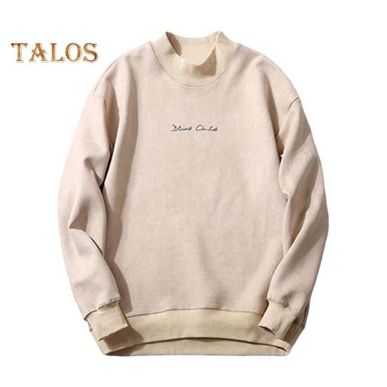 Men Spring Fall Top Double-sided Velvet Half-high Collar Loose Printing Elastic Cuffs Solid Color Loose Pullover Long Sleeves Sport School Daily