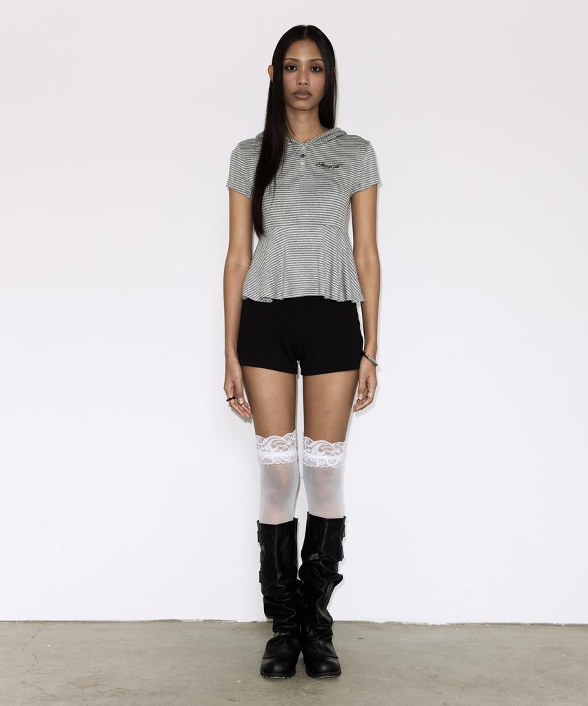 FANCY CLUB Striped Hooded Flare Top (Gray) F26Qb072