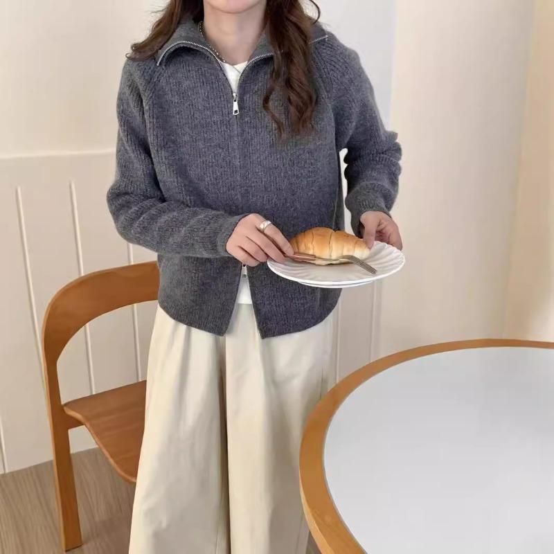Soft Waxy Double Zipper Sweater Jacket Women's Autumn and Winter New Solid Color Lazy Wind Knitted Sweater Cardigan Women