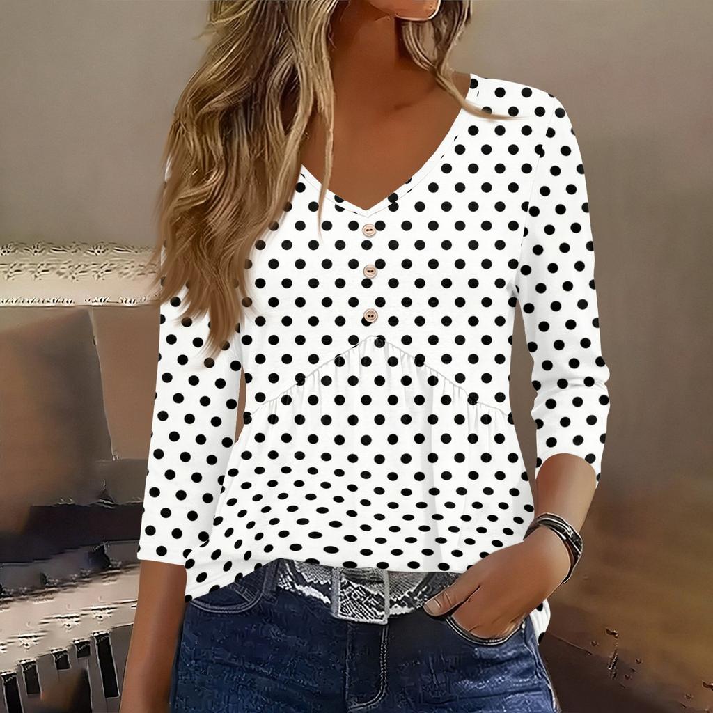 Women’s 3/4 Sleeve V Neck Button Decor Top with Geometric Print Casual Loose Fit Blouse for Daily Wear