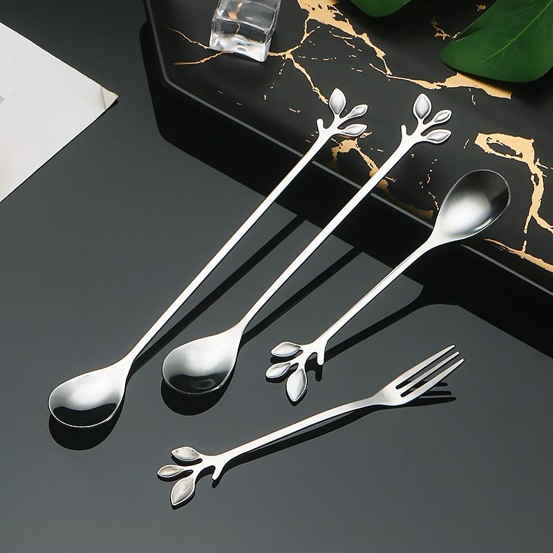 10/20pcs Stainless Steel Leaf Spoon Creative Leaf Coffee Spoon Dessert Spoon Bird's Nest Spoon Cake Fork Fruit Fork