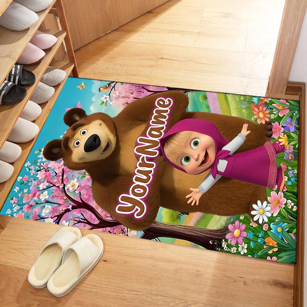 Masha Bear Customizable Name Floor Mat Design for Game Room Balcony Decorate Room Dormitory Antislip Carpet Office Home Decor Spiritual Gift