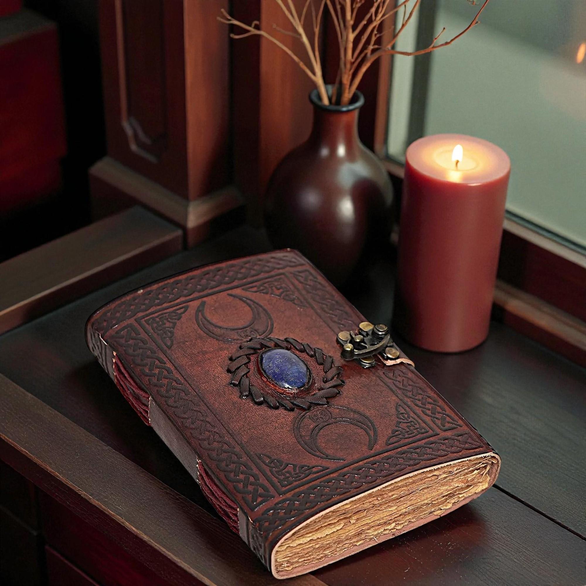 Handmade Leather Journal 5×7” | Moon Phase Embossed Diary with Gemstone | 200 Deckle-Edge Pages | Vintage Lock Notebook | Celtic Art Writing Journal 5x7