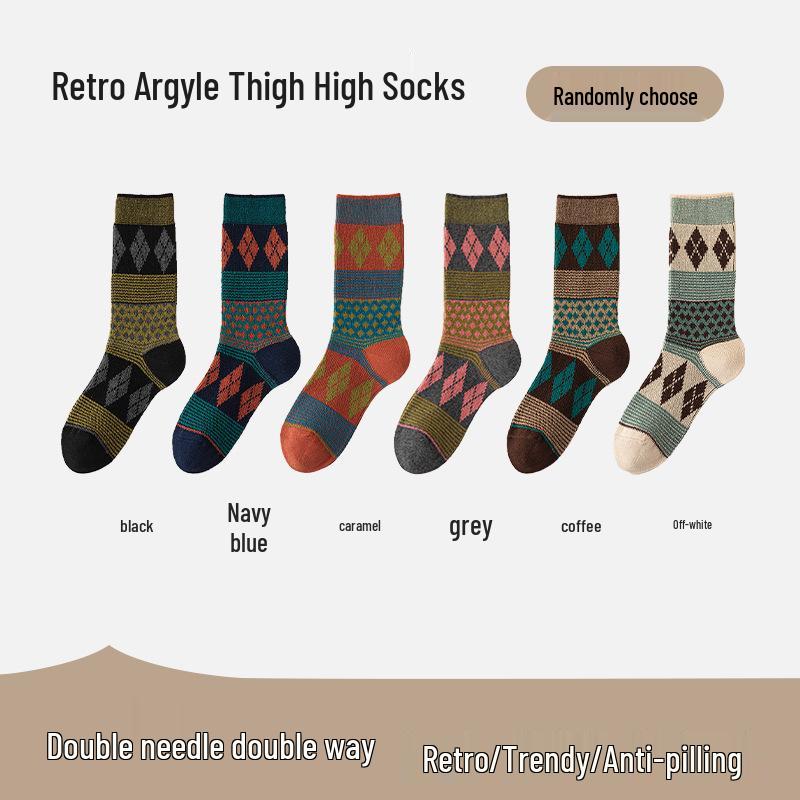 Women's Retro Argyle Mid-Calf Socks - Autumn/Winter Ethnic Style