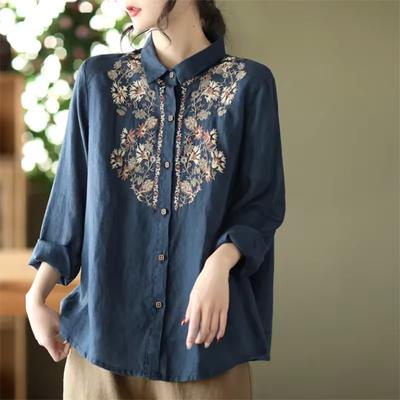 Blouses For Women National Shirt Cotton Linen Shirt Loose Embroidered Blous Laple Long Sleeve Cardigan Top Female Shirts