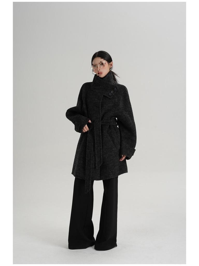 SRYS AME Women's Elegant Mid-Length Stand-Up Collar Wool Coat – Autumn/Winter