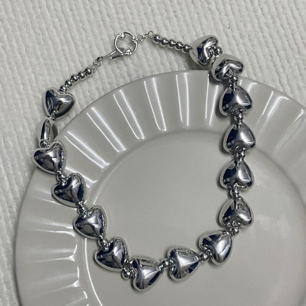 Silver 3D Heart Neck Chain Elegant Love Patchwork Necklace Love Collarbone Chain  Girls