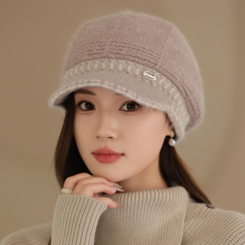 Female Winter Rabbit Fur Warm Fleece Mother Hat Middle-aged and Elderly Elegant Color Matching Knitted Wool Hat