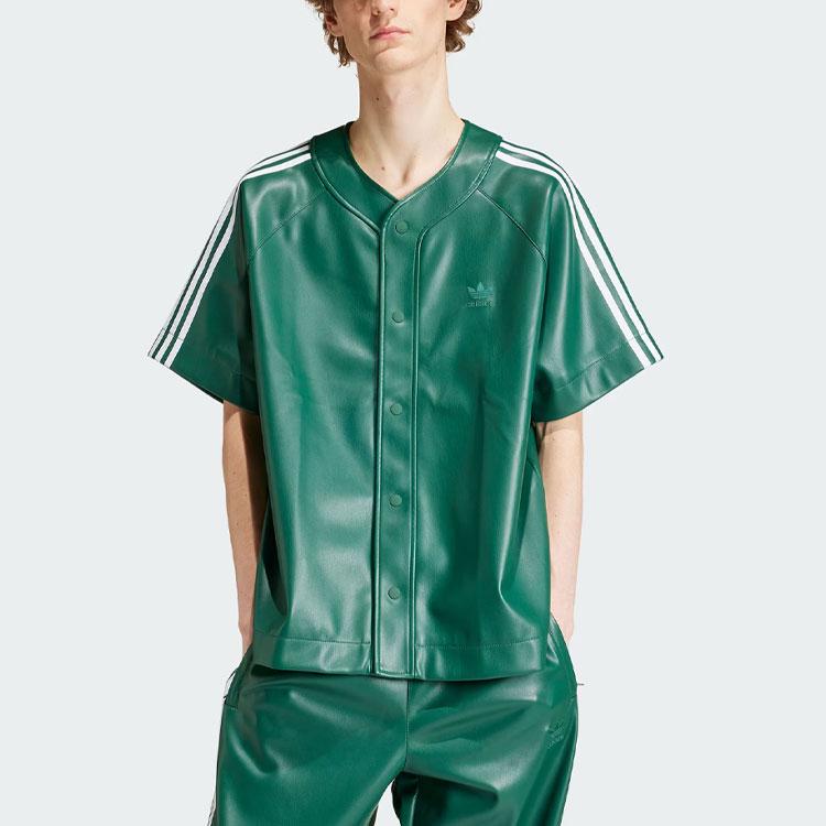 Adidas Originals Adicolor Faux Leather Shirt with Embossed Logo and Three-Stripe Block Men Tops Forest-Green IZ4047