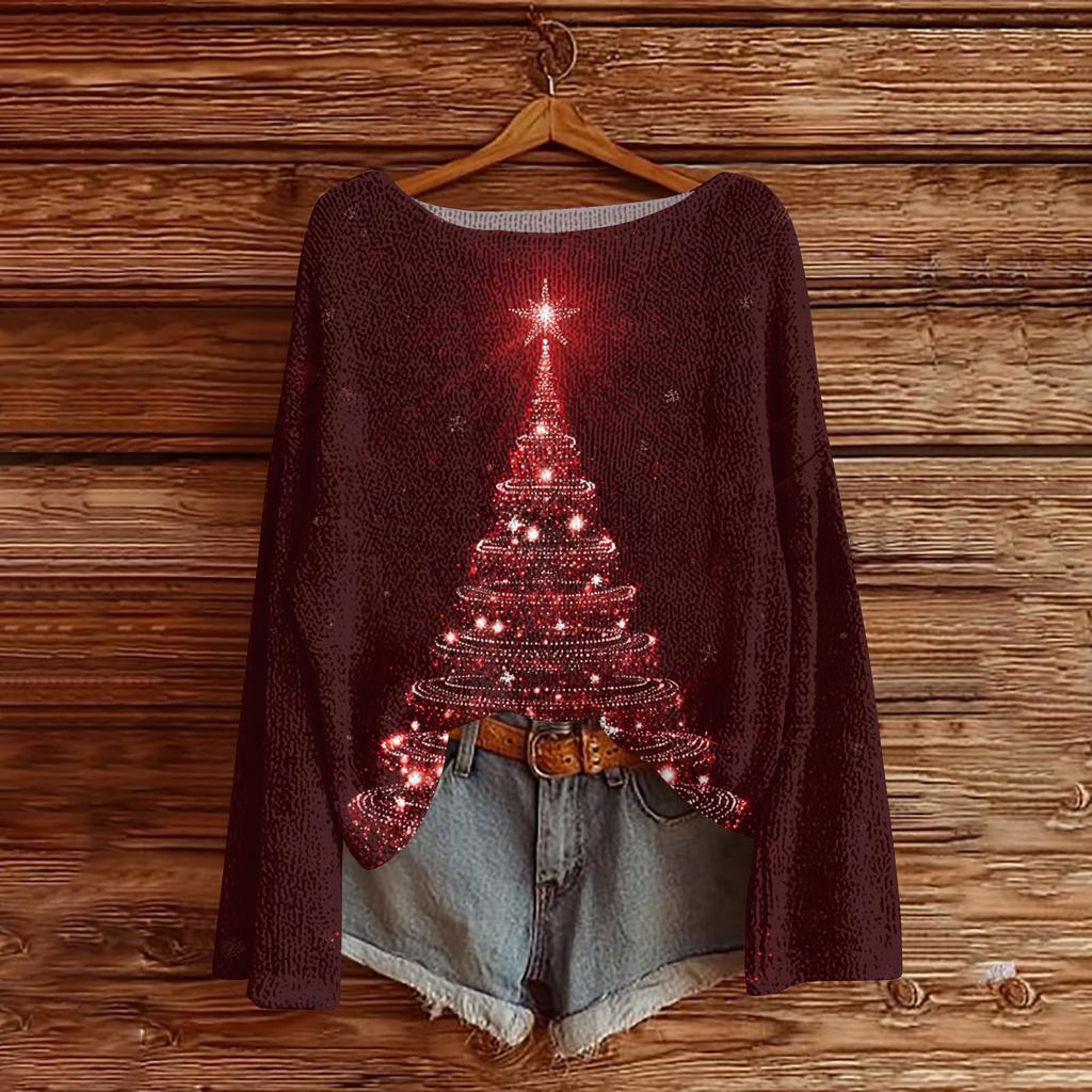 Women's Round Neck Lightweight Sweater Casual Long Sleeve Christmas Print Knit Pullover
