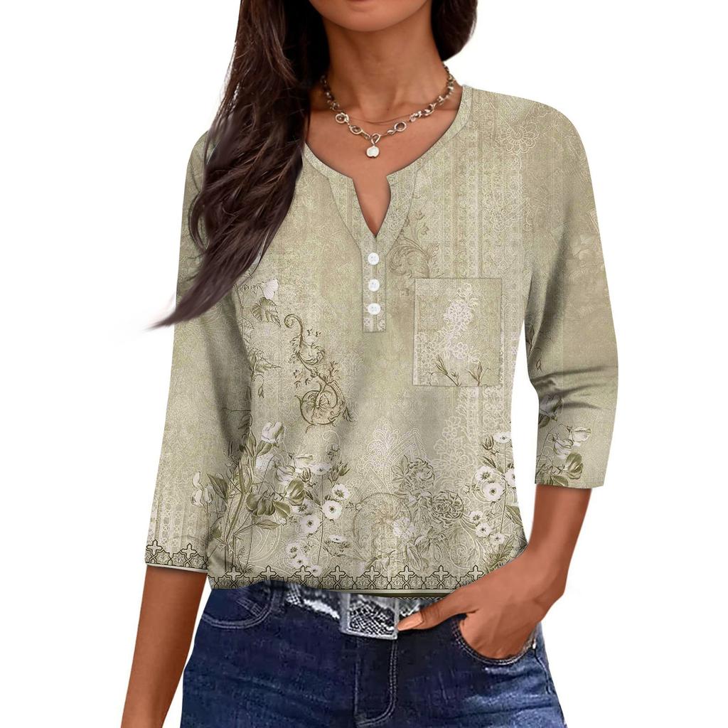 Ladies Casual Fashion V-neck Loose Versatile Floral Print Three-quarter Sleeves
