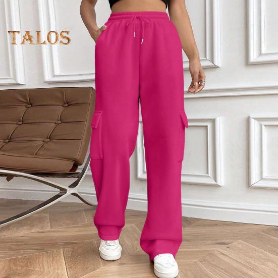 Pantaloni cargo pentru femei, cu talie elastică, cu șnur ajustabil, pantaloni drepti, cu picioare largi, pantaloni lungi sport de culoare solidă