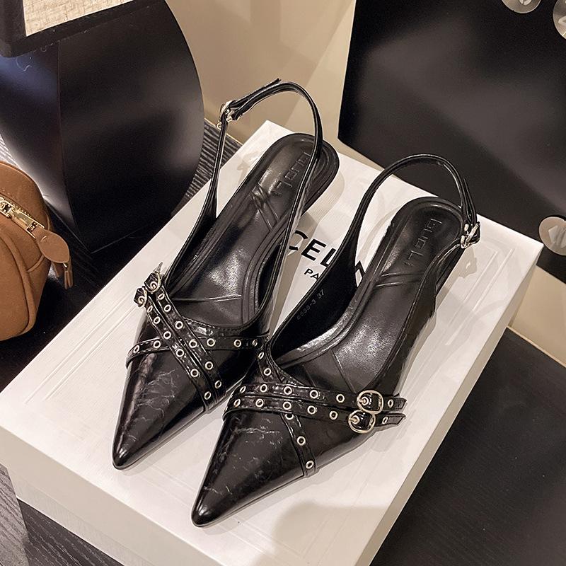 

High heels women s new 2025 spring and autumn bag head sandals temperament thin heel pointed silver single shoes 42 чёрный