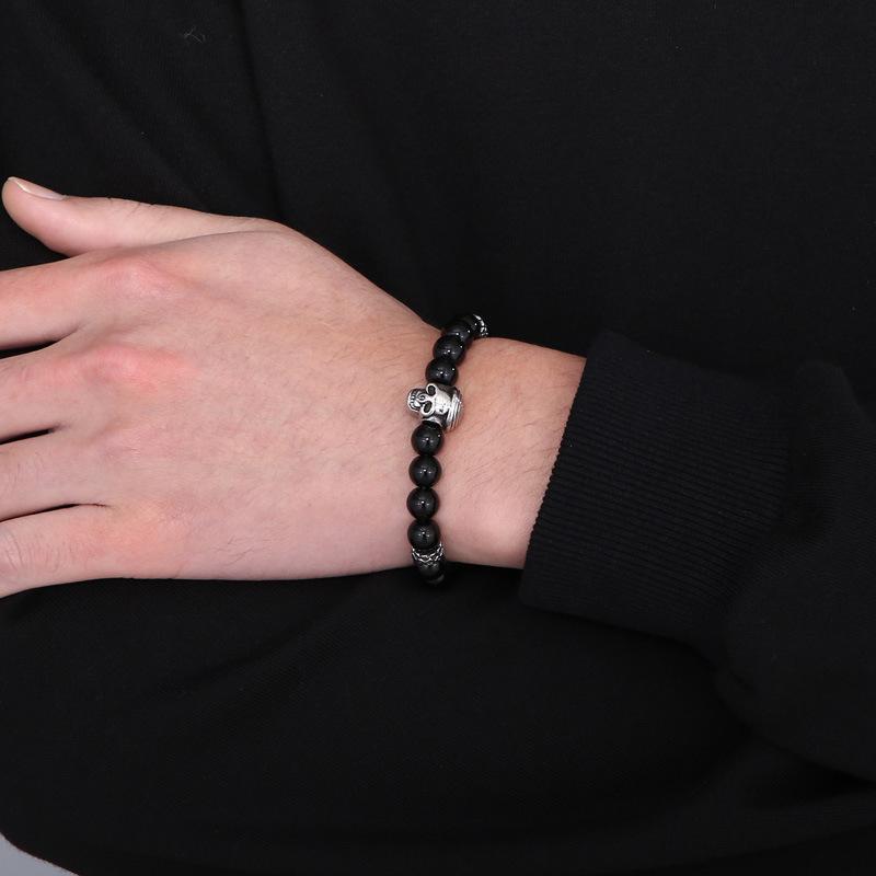 Brățară din mărgele lucrată manual de pin alb Punk craniu ochi de tigru cu mărgele de agat Brățară din oțel titan