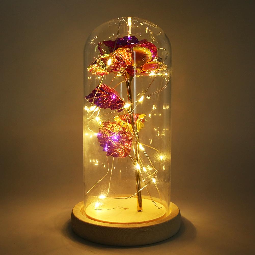 LED Night Light Lamp Wooden Base with Beautiful Rose Valentines Gift Christmas Presentpink