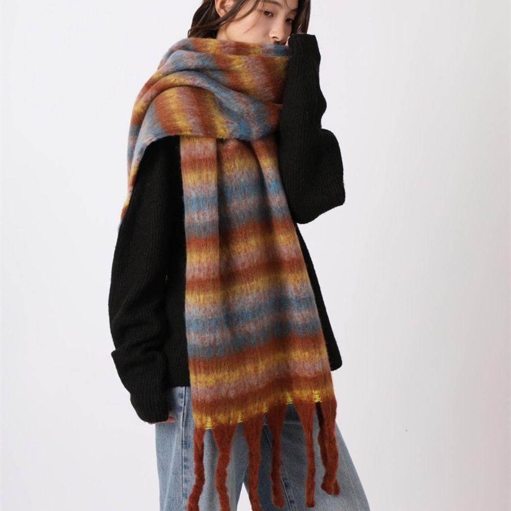 Mohair Plaid Wool Scarf Plush Long Shawl Elegant Winter Cashmere Scarves  Autumn Winter