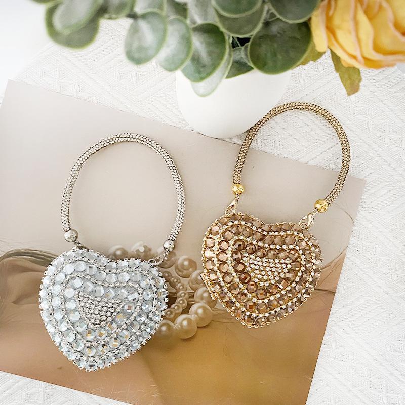 Mini Heart Chain Evening Bag with Diamond-Inlaid Stones