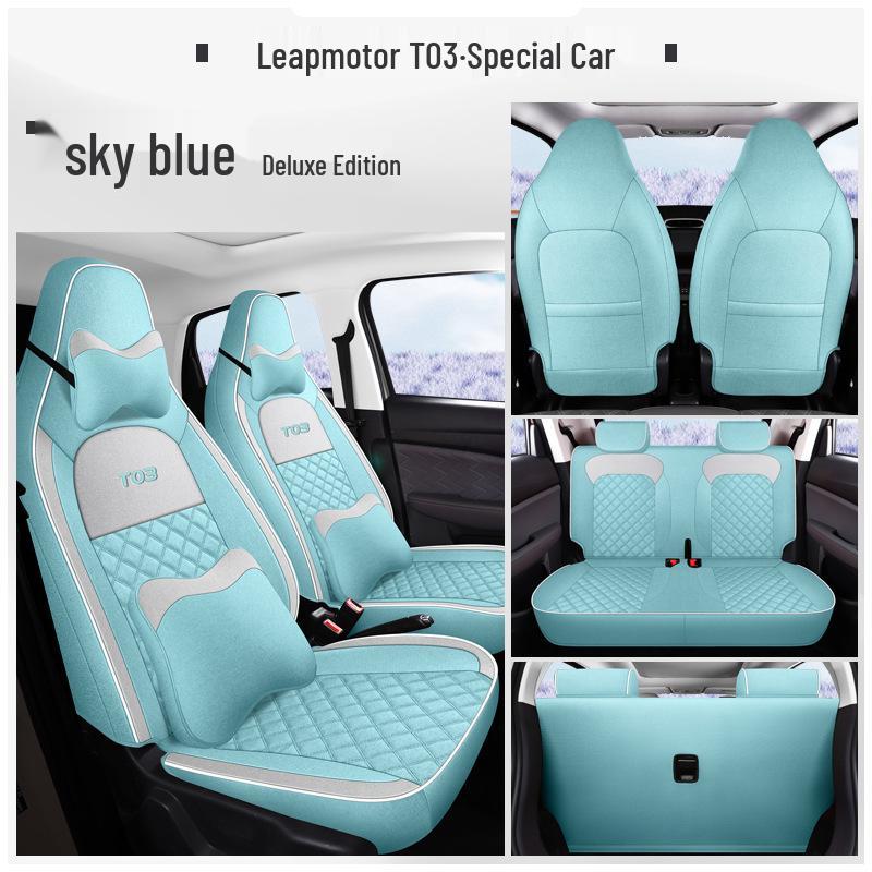 Leapmotor T03 Universal Cartoon Linen Car Seat Cover Set, Full Surround, Four Seasons.