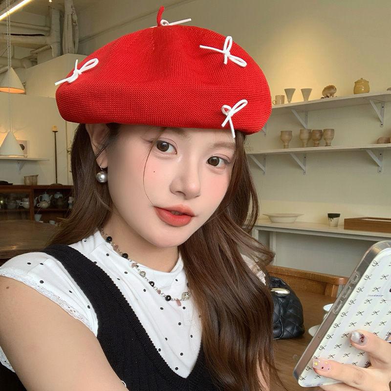 Damen Rote Süße Niedliche Schleife Baskenmütze Sommer Dünn Gestrickt Gehäkelt Gesichtsschlankmachender Künstlerhut