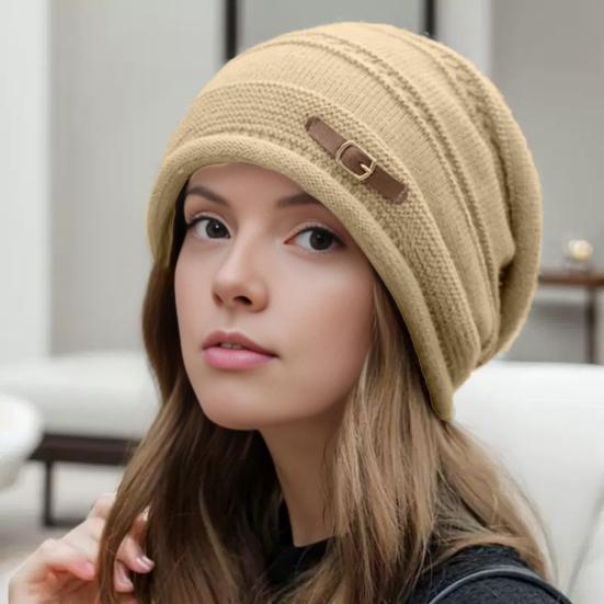Knitted Hat Rolled-Edge Pile Shape Velvet Lining Women Hat Windproof Ear Protection Knitted Headgear