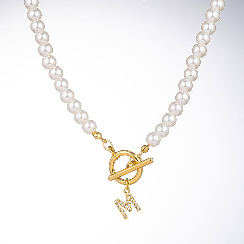 Zircon Crystal Initial A-Z Letter Pendant Necklace for Women Toggle Clasp Imitation Pearls Necklaces Wedding Jewelry Gift