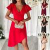 Women Elegant Sexy V Neck Ruffle Short Sleeve Solid Color Ruched Waist Irregular Midi Dress