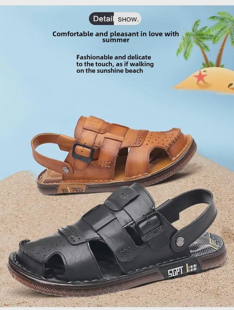 Genuine Leather Men's Summer Sandals - Closed Toe, Non-Slip Outdoor & Driving Shoes with Trendy Cowhide Sole
