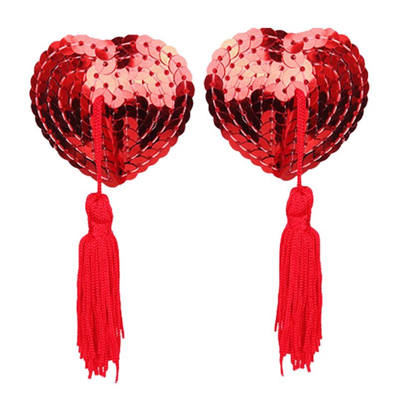 Heart-Shaped Sequined Nipple Covers with Tassels - Silicone Pasties Lingerie Accessories