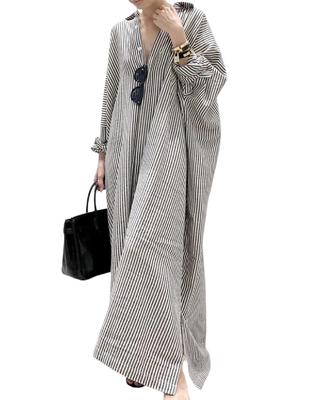Lilly Chocolate Long Sleeve Shirt Loose Striped Maxi Stylish Long Loose Size M Women's Dress, Black, Spring, Summer, Autumn, Fit, Shirt, Collar,