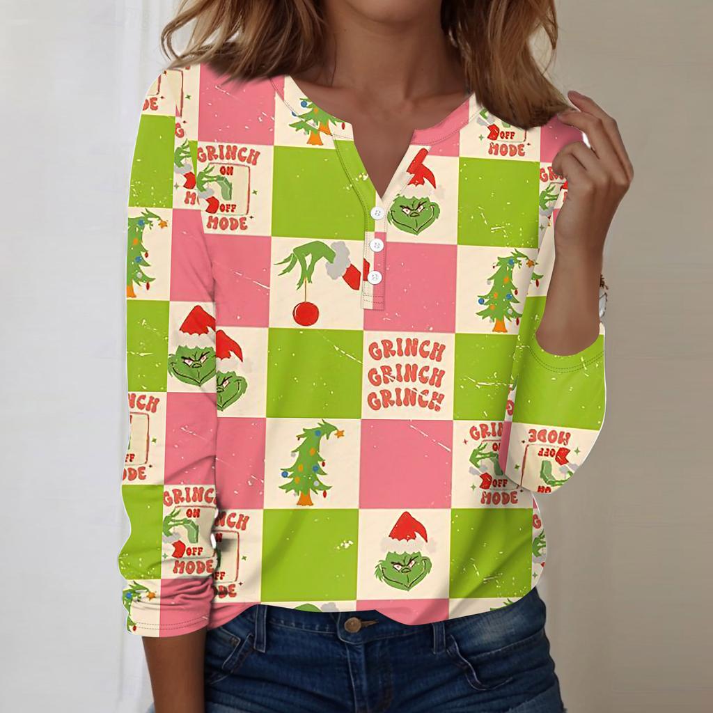 Women's Fashion Casual V-Neck Long Sleeve Decorative Button Christmas Print Top