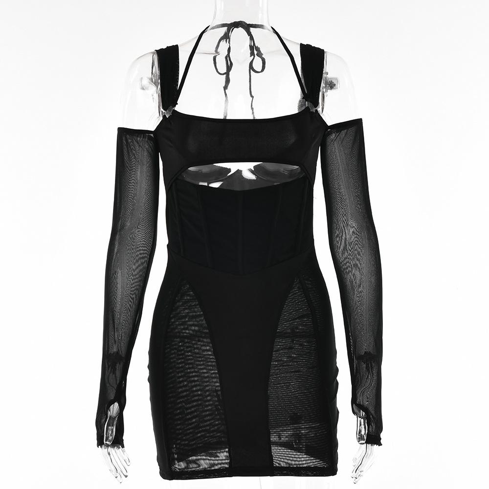 European and American Autumn New Sexy Suspender Tight Dress Fashionable Backless Long-sleeved Hip-wrapped Short Skirt Women