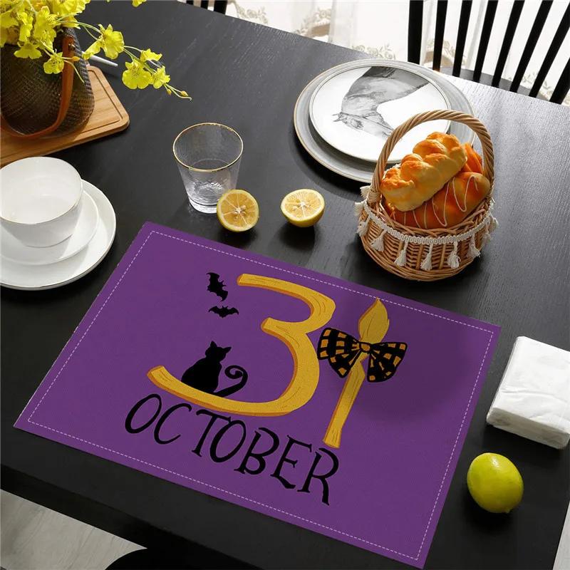 6PC Halloween Pumpkin Black Cat Placemats Festival Kitchen  Linen Dinning Table Mats Bowl Coffee Cup Pads Mats Home Decor