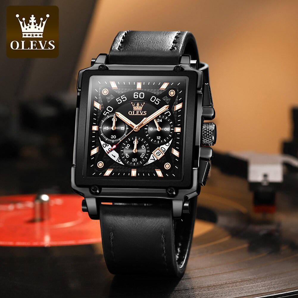 Male Watches Square Quartz Watch For Men Waterproof Leather Strap Chronograph Wristwatch Luminous Relogio Masculino