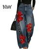 High Rise Trousers Women Waisted Wide Leg Jeans, Vintage Floral Print Faux Denim Jeans Trousers, Loose Fit Casual Pants with Pockets & Metal