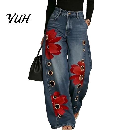 High Rise Trousers Women Waisted Wide Leg Jeans, Vintage Floral Print Faux Denim Jeans Trousers, Loose Fit Casual Pants with Pockets & Metal