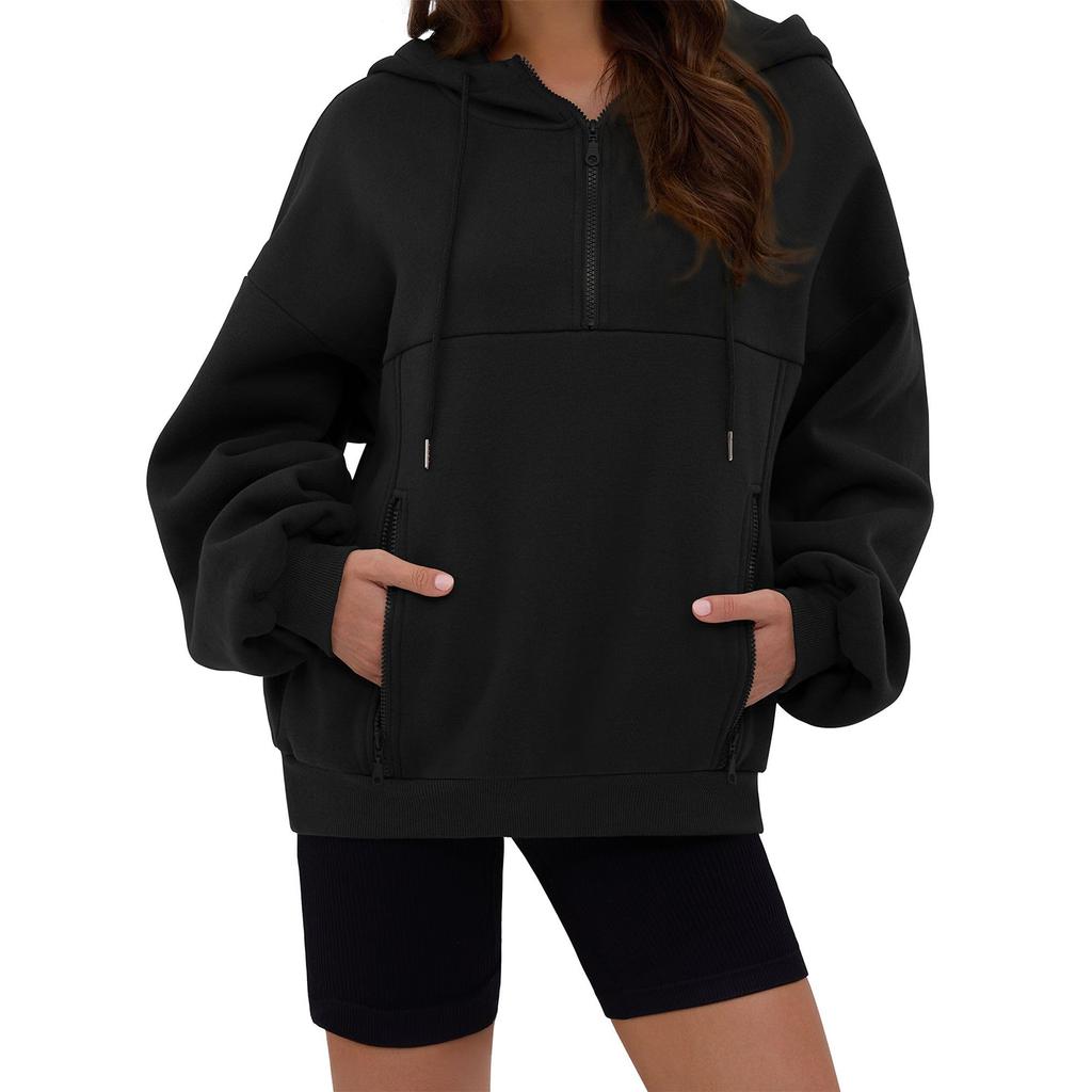 Women's Loose Comfortable Casual And Fashionable V-neck Solid Color Long Sleeved Hooded Sweatshirt