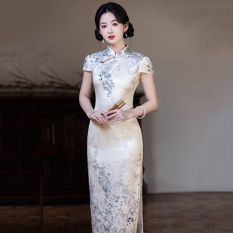 Blue and white national style new Chinese daily Suzhou long cheongsam improved young 1011 new women's high sense summer