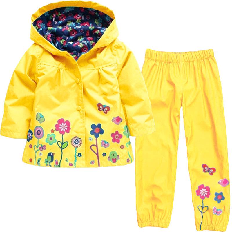 Autumn Spring Children Waterproof Long Sleeve Coat+Pants 2pcs Flower Print Baby Girls Clothes Toddler Boys Children Sets Costume