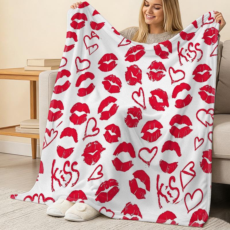 Soft Flannel Blanket Anti-Pilling, Red Lips & Hearts Design, Warm Cozy All Season for Home & Couch Napping, Valentine's Day Gift