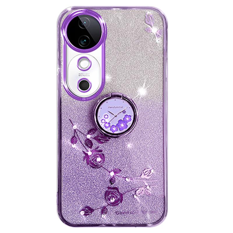 

For vivo S19 5G Case Gradient Flowers Glitter TPU Phone Cover with Ring Kickstand Purple