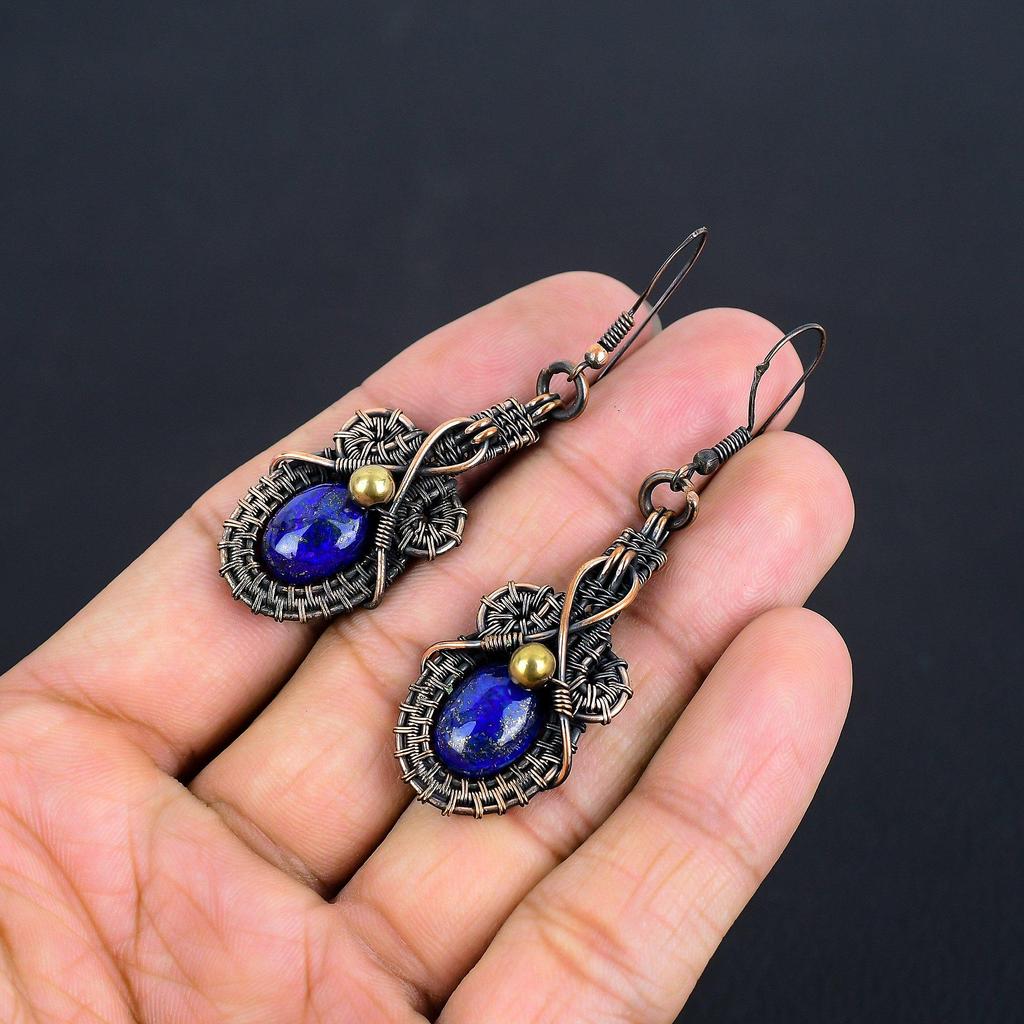 Lapis Lazuli 999 Copper Wire Wrapped Earrings, Handmade Gemstone Earrings Jewelry, Gifts For Wife Brand New Earrings