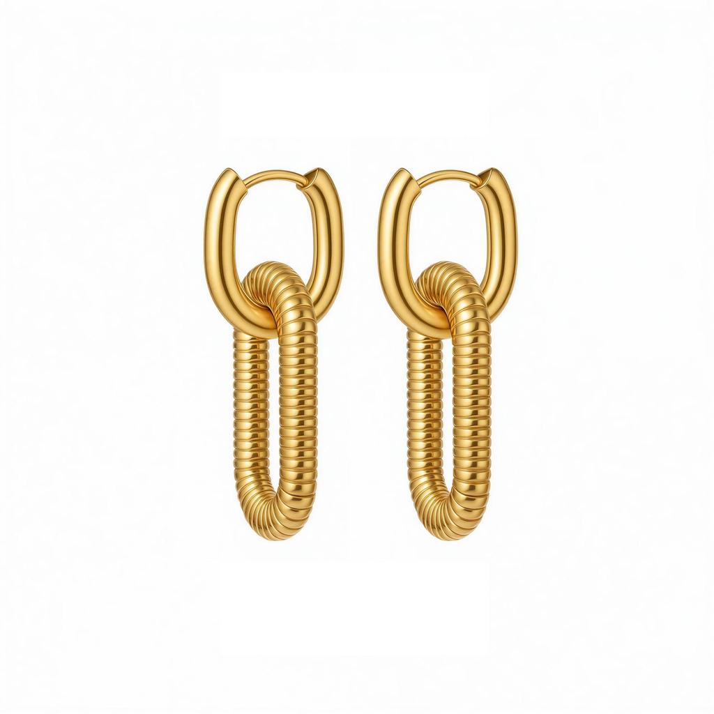 European Ribbed Chain Earrings: Retro Gold, High-End Niche Design for Women